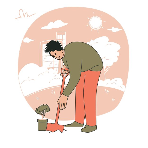 Hombre cavando un agujero para plantar un árbol en un parque urbano ilustración vectorial plana de protección del medio ambiente y estilo de vida verde