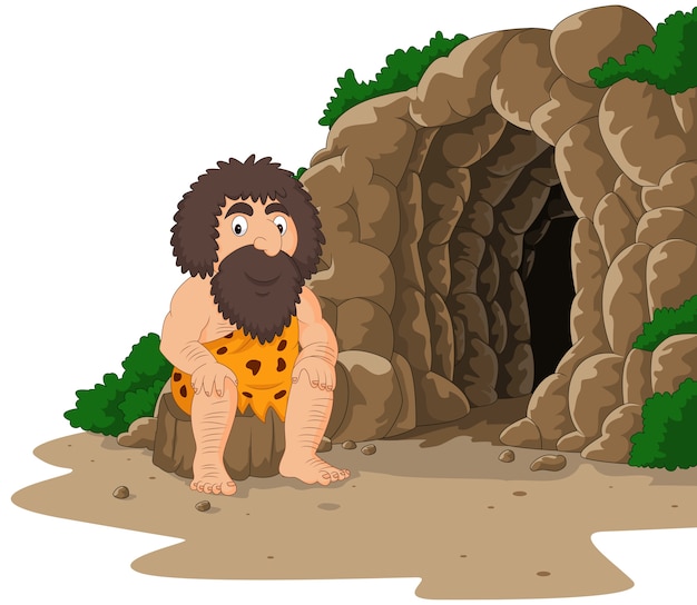 Vector hombre de las cavernas historieta sentado con fondo de cueva