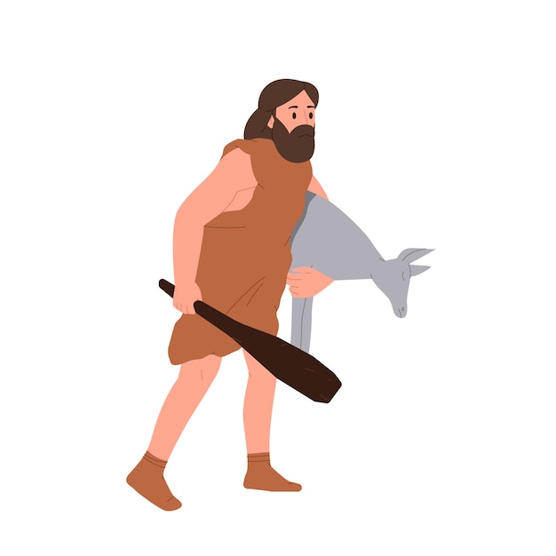 Vector hombre de las cavernas personaje de dibujos animados con ropa tribal sosteniendo un bastón de madera llevando una cabra cazada para cenar aislado sobre un fondo blanco gente primitiva de neanderthal vida en la época prehistórica