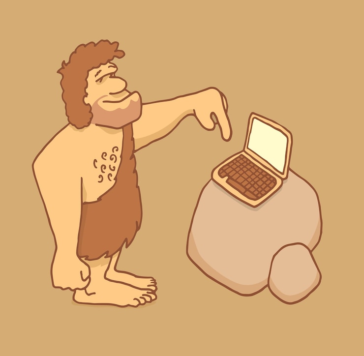 Vector hombre de las cavernas poniéndose en contacto con la tecnología