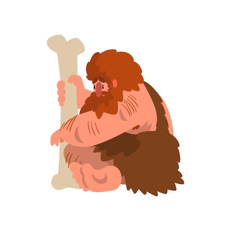 Vector hombre de las cavernas primitivo musculoso sentado con enormes huesos de la edad de piedra hombre prehistórico personaje de dibujos animados vector ilustración aislada sobre un fondo blanco