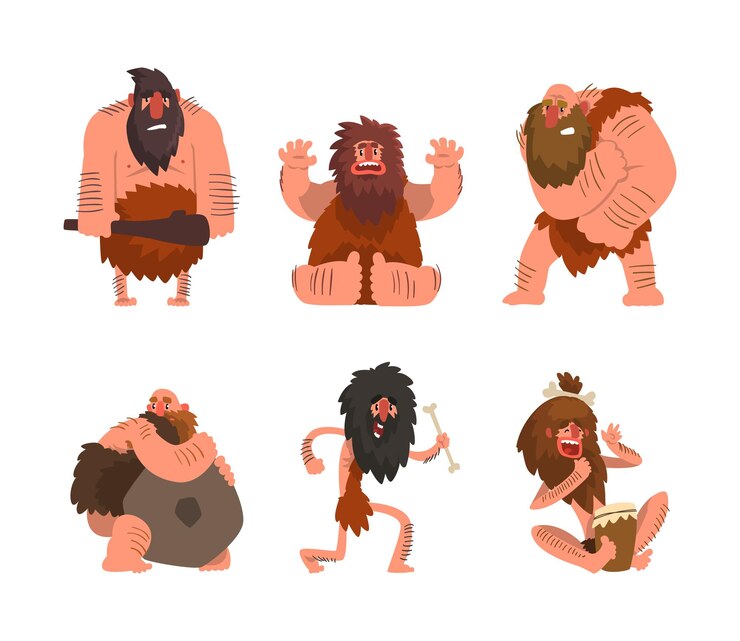 Vector hombre de las cavernas primitivo y troglodito con barba y cuerpo peludo con hueso y conjunto de vectores de matones