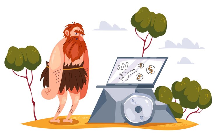 Vector hombre de las cavernas usando un elemento de ilustración de diseño gráfico de concepto de computadora portátil