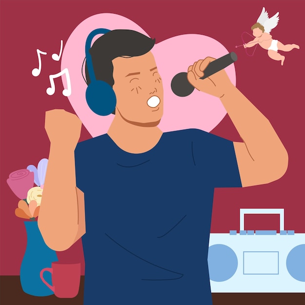 Vector hombre celebra san valentín solo cantando karaoke en ilustración plana