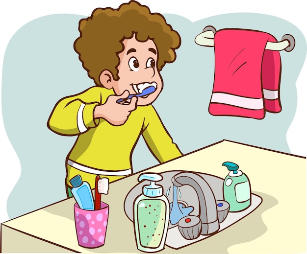 Un hombre cepillándose los dientes frente a una toalla que dice "pasta de dientes"