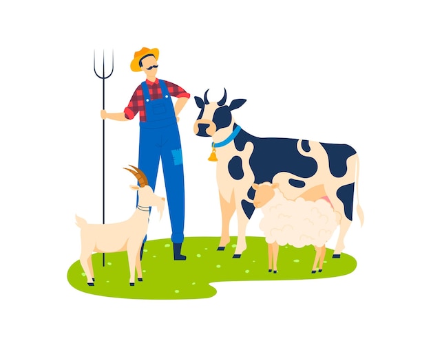 El hombre se para cerca de la cabra de la vaca de los animales domésticos en la ilustración del vector de la granja Pastor de ganado de la granja de dibujos animados en la bandera de la naturaleza rural