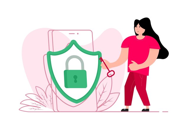 Un hombre se para cerca del teléfono inteligente en el escudo de protección de la pantalla y el candado Oportunidad segura