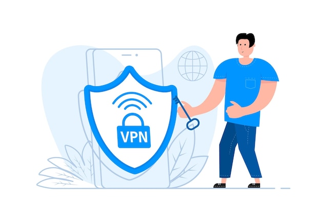 Un hombre se para cerca del teléfono inteligente en la pantalla Icono de VPN Red privada virtual