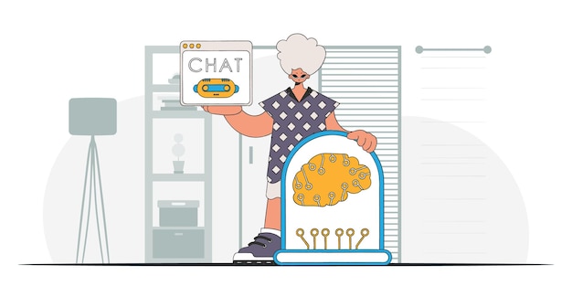 Hombre con cerebro AI, estilo cadera, imagen vectorial.