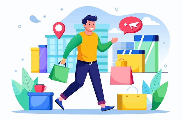 un hombre con una chaqueta amarilla y vaqueros azules está llevando bolsas de compras