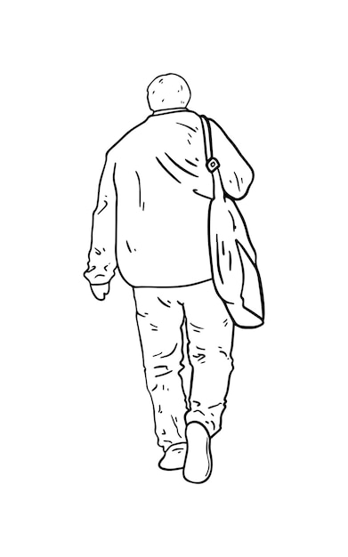 Un hombre con una chaqueta con una bolsa en el hombro y ropa de pelo corto hombre doodle dibujos animados lineales