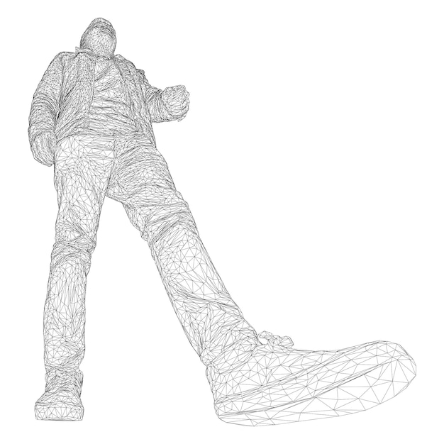 El hombre de la chaqueta está caminando hacia alguna parte. Especies de diferentes lados. Ilustración de vector de una cuadrícula triangular negra sobre un fondo blanco.