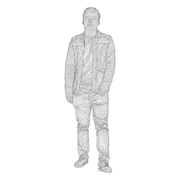 El hombre de la chaqueta está caminando hacia alguna parte. Especies de diferentes lados. Ilustración de vector de una cuadrícula triangular negra sobre un fondo blanco.