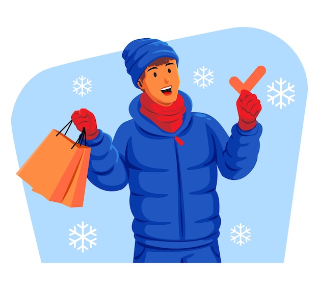Hombre en una chaqueta de invierno con sombrero de invierno y bufanda sosteniendo bolsas de compras y marca de verificación