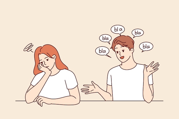 El hombre charlatán causa incomodidad a la mujer que no quiere escuchar palabras vacías de su novio