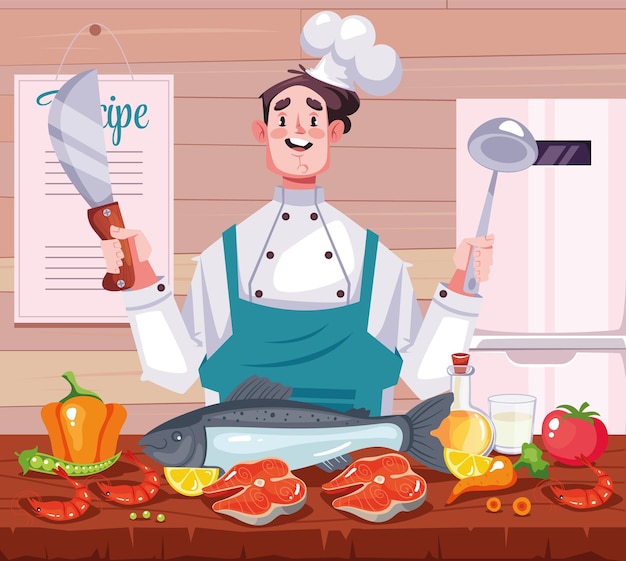 Hombre chef cocinando y explicando recetas concepto diseño gráfico ilustración de dibujos animados