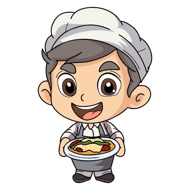 Hombre chef feliz sosteniendo ilustración de comida en estilo garabato