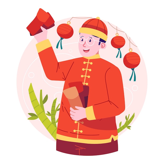 El hombre chino comparte la ilustración de carácter plano de angpao.