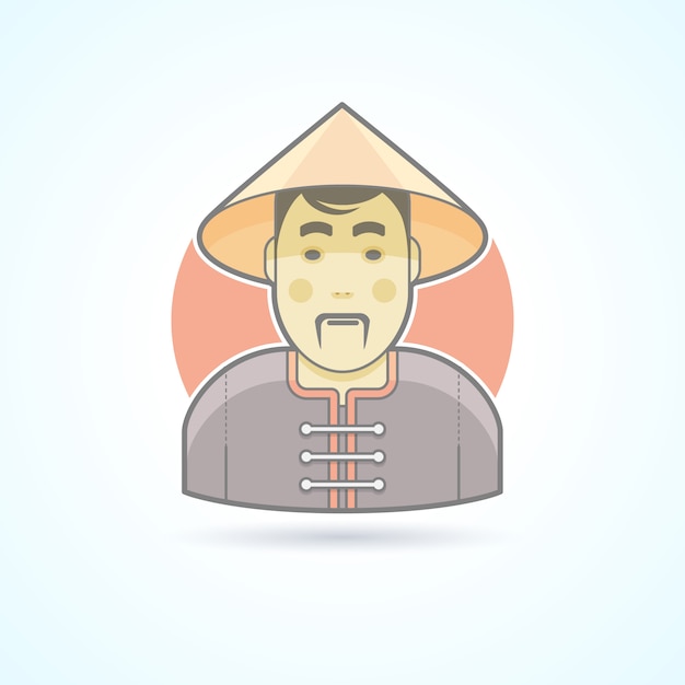 Hombre chino en icono de tela tradicional. ilustración de avatar y persona. estilo esbozado de color.