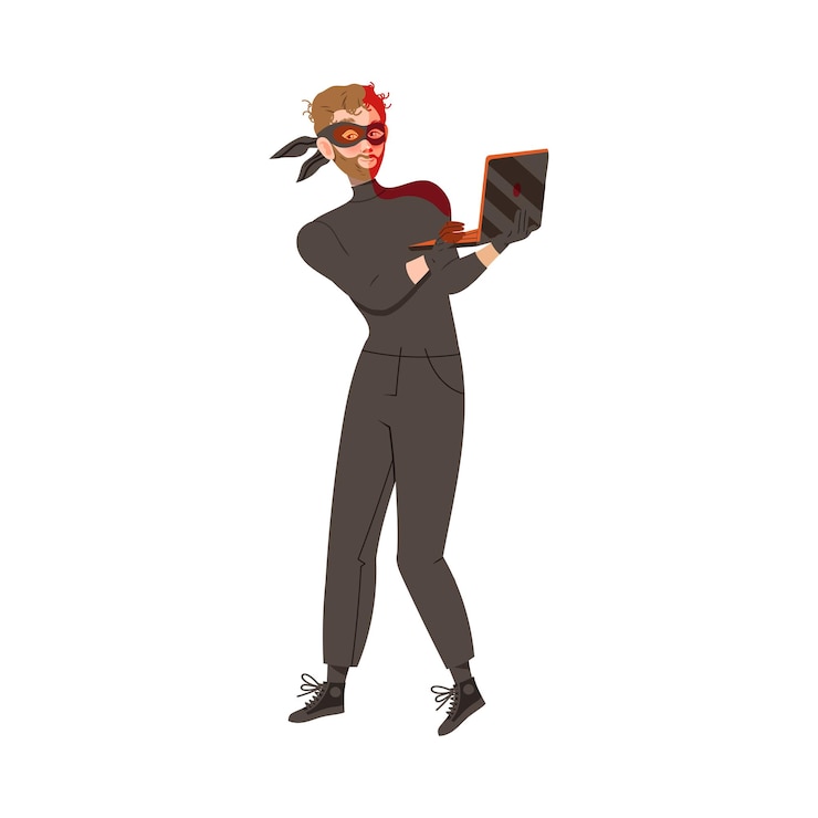Vector hombre cibercriminal con máscara negra cometiendo delitos de red y informáticos que dañan la seguridad y la salud financiera ilustración del vector