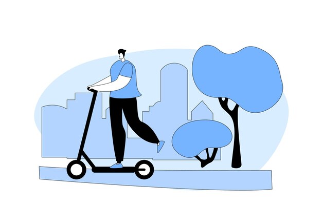 Hombre Ciclista Equitación Push Scooter al aire libre en el paisaje de la ciudad Deporte activo y actividad de vida saludable Eco Transporte con ruedas