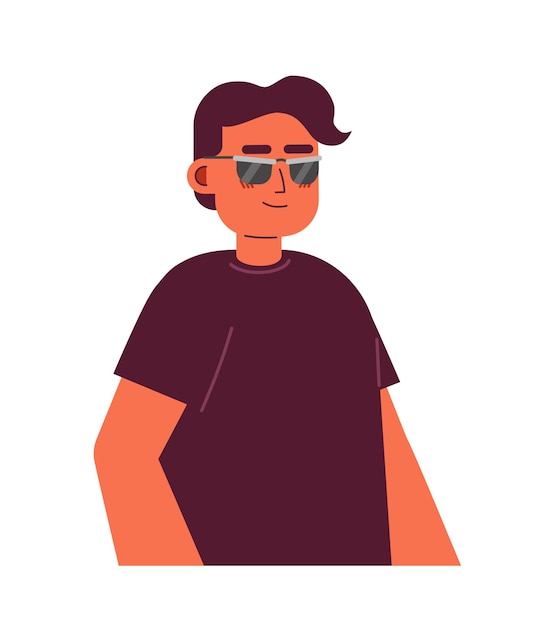 Hombre ciego gafas de sol personaje de dibujos animados 2D hombre ciego hispano que usa camiseta negra persona vectorial aislada fondo blanco tipo indio fresco con discapacidad visual ilustración de punto plano de color