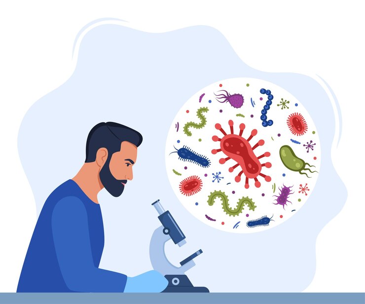 Vector hombre científico investigador de microbiología con microscopio microbiólogo estudia varias bacterias