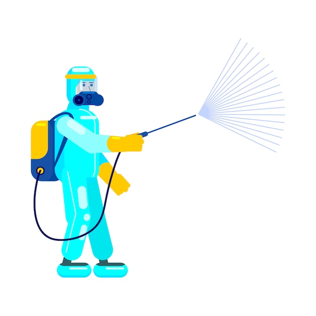 Hombre científico médico en traje de protección química desinfecta, usa spray para limpiar y desinfectar