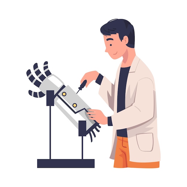 Hombre científico personaje en bata blanca trabajando con ilustración vectorial de mano robótica
