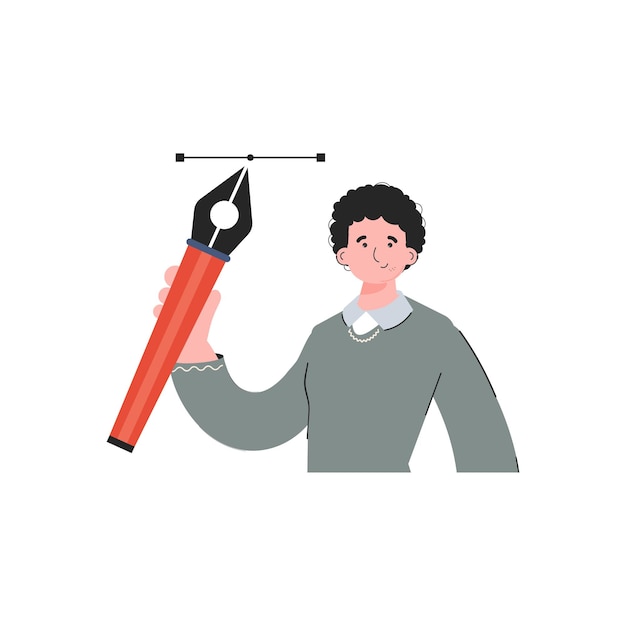 Vector un hombre se para hasta la cintura sosteniendo una herramienta de pluma en sus manos elemento aislado para sitios de presentaciones
