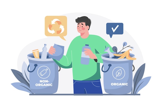 Vector hombre clasificación de residuos orgánicos y no orgánicos