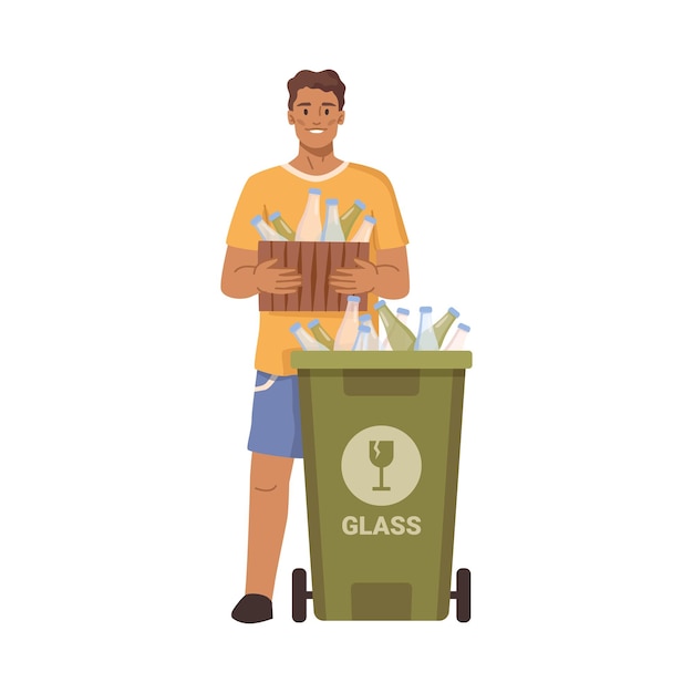 Vector hombre clasificando botellas de vidrio recogiendo basura