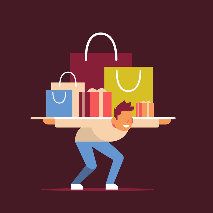 Vector hombre cliente llevando bolsas compra en hombros viernes negro oferta especial compras