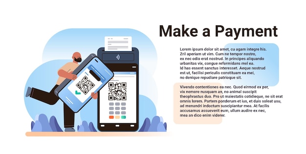 Vector hombre cliente o comprador que usa la aplicación móvil con código qr y pos-terminal para hacer un pago en el concepto de compras en línea de teléfonos inteligentes ilustración de vector de espacio de copia horizontal