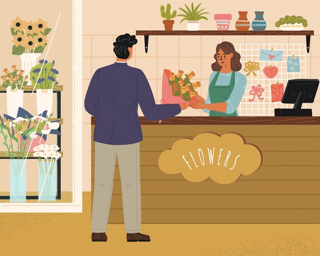 Vector hombre cliente que paga por un ramo de flores y vendedora que atiende al cliente en la tienda de floristería escena de ilustración vectorial de la tienda concepto de pequeña empresa