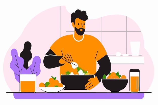 Vector un hombre en una cocina añade condimentos a un plato en medio de ingredientes frescos