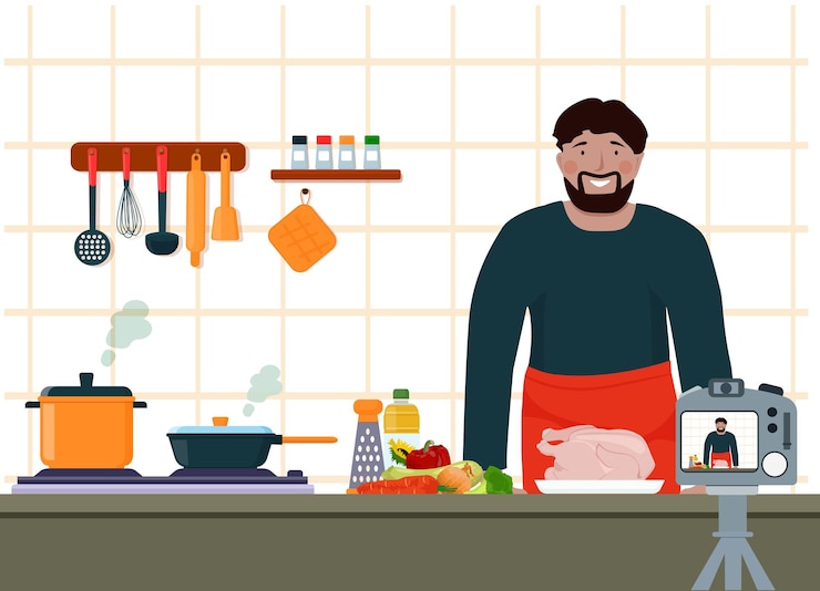 Vector el hombre en la cocina está cocinando un blogger de comida enseña habilidades culinarias recetas en línea