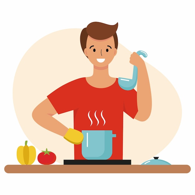 Un hombre cocina sopa en la cocina. una persona cocina comida en una olla sobre la estufa. carácter vectorial en un estilo plano.