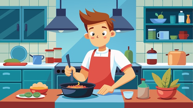 un hombre cocinando en una cocina con un cuenco de comida