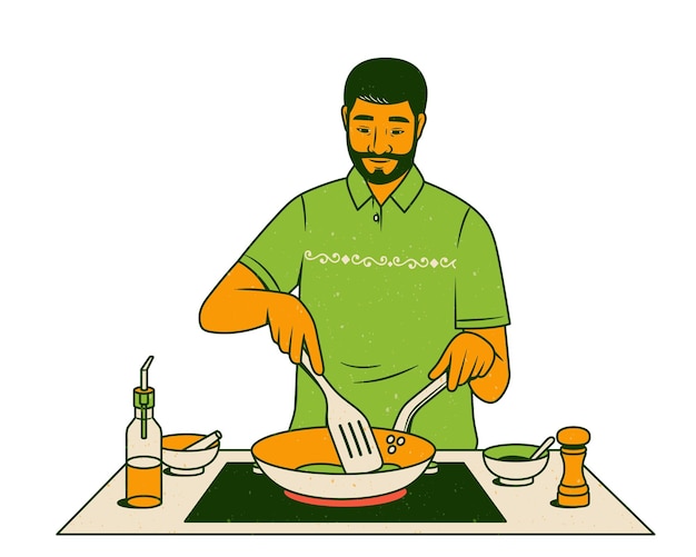 Vector hombre cocinando en la cocina ilustración vectorial en un estilo plano