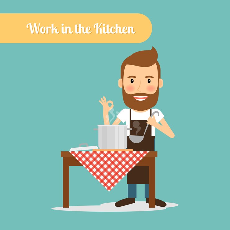 Vector hombre cocinando en la cocina