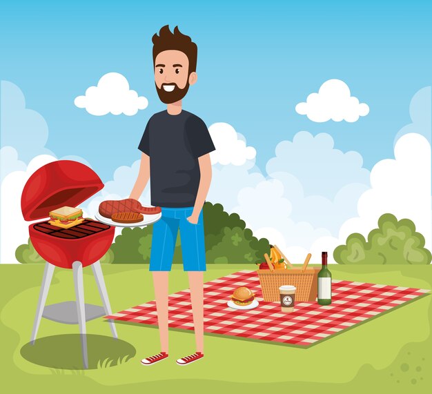hombre cocinando en el diseño de ilustración de vector de escena de día de picnic