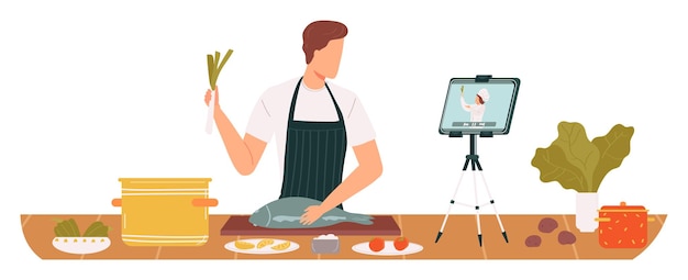 Hombre cocinando pescado transmisión en vivo tutorial escena de cocina clase culinaria en línea Chef masculino se prepara
