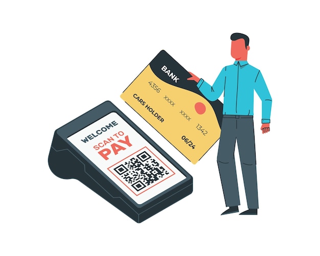 Hombre con código QR y terminal POS y tarjeta de crédito Ilustración vectorial para el diseño de pago sin contacto