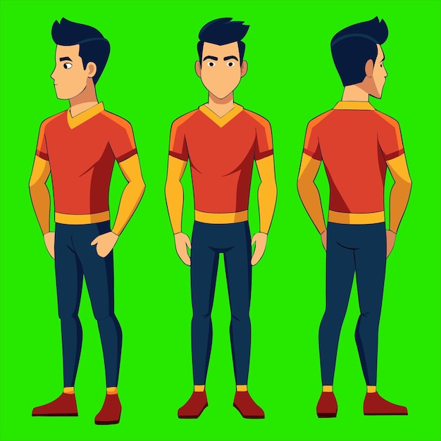 Hombre colorido Diseño de personajes de dibujos animados con tres puntos de vista 4