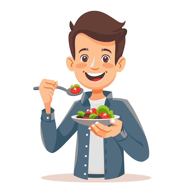 Vector hombre comiendo alimentos saludables concepto de nutrición adecuada