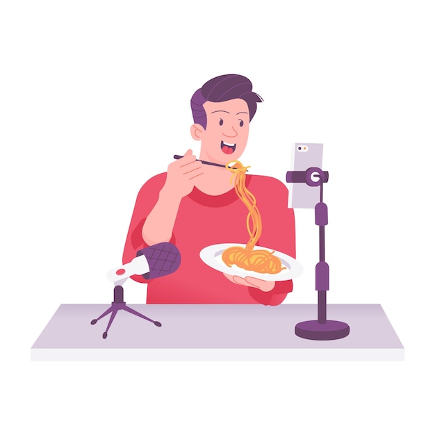 un hombre comiendo comida con una cámara y una cámara en el fondo