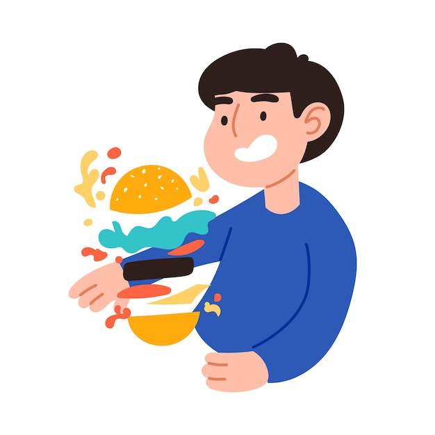 Hombre comiendo una hamburguesa Comida rápida soda cola cóctel hamburguesa hot dog jugo limón naranja gases Concepto de comida chatarra Estilo plano Hombre en una camiseta azul sobre un fondo blanco
