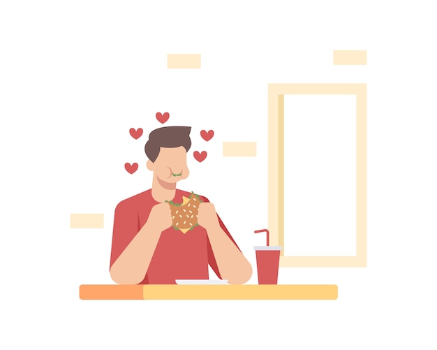 Vector un hombre comiendo una ilustración de hamburguesa