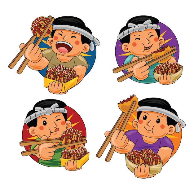 hombre comiendo takoyaki japonés comida ilustración vectorial